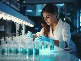 hembra científico conductible experimentos en un alto tecnología laboratorio ai generativo foto