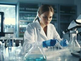 hembra científico conductible experimentos en un alto tecnología laboratorio ai generativo foto