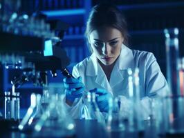 hembra científico conductible experimentos en un alto tecnología laboratorio ai generativo foto