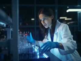 hembra científico conductible experimentos en un alto tecnología laboratorio ai generativo foto
