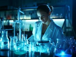 hembra científico conductible experimentos en un alto tecnología laboratorio ai generativo foto
