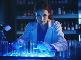 hembra científico conductible experimentos en un alto tecnología laboratorio ai generativo foto