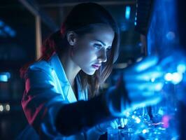 hembra científico conductible experimentos en un alto tecnología laboratorio ai generativo foto