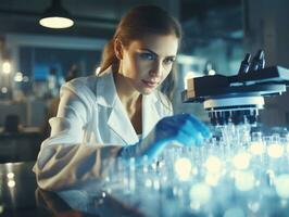 hembra científico conductible experimentos en un alto tecnología laboratorio ai generativo foto