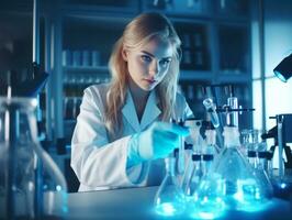 hembra científico conductible experimentos en un alto tecnología laboratorio ai generativo foto