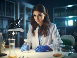 Female scientist conducting experiments in a high tech lab AI Generative photo