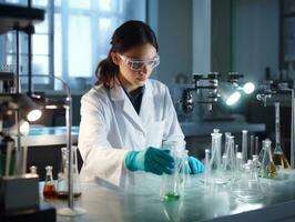 hembra científico conductible experimentos en un alto tecnología laboratorio ai generativo foto