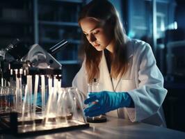 hembra científico conductible experimentos en un alto tecnología laboratorio ai generativo foto