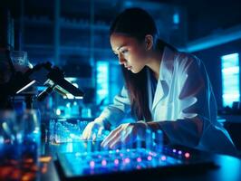 hembra científico conductible experimentos en un alto tecnología laboratorio ai generativo foto