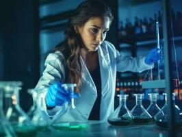 hembra científico conductible experimentos en un alto tecnología laboratorio ai generativo foto