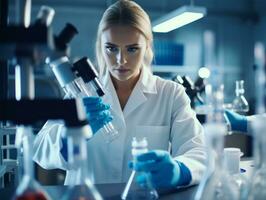 hembra científico conductible experimentos en un alto tecnología laboratorio ai generativo foto