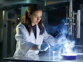 hembra científico conductible experimentos en un alto tecnología laboratorio ai generativo foto