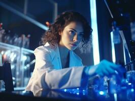 Female scientist conducting experiments in a high tech lab AI Generative photo