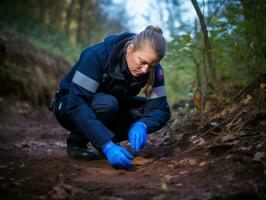 Policewoman is carefully examining the crime scene for potential evidence AI Generative photo