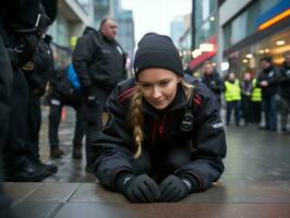 Policewoman is carefully examining the crime scene for potential evidence AI Generative photo