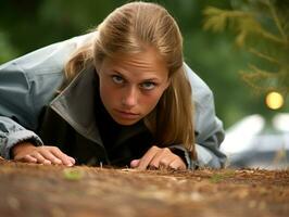 Policewoman is carefully examining the crime scene for potential evidence AI Generative photo