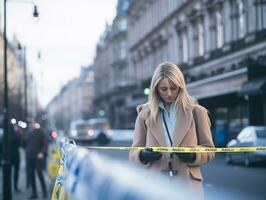 Policewoman is carefully examining the crime scene for potential evidence AI Generative photo
