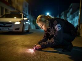 mujer policía es cuidadosamente examinando el crimen escena para potencial evidencia ai generativo foto