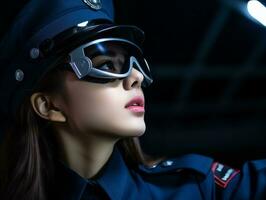 Policewoman is carefully examining the crime scene for potential evidence AI Generative photo