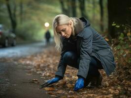 Policewoman is carefully examining the crime scene for potential evidence AI Generative photo