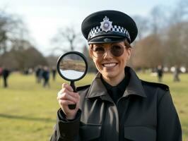 mujer policía es cuidadosamente examinando el crimen escena para potencial evidencia ai generativo foto