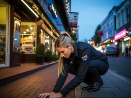 mujer policía es cuidadosamente examinando el crimen escena para potencial evidencia ai generativo foto