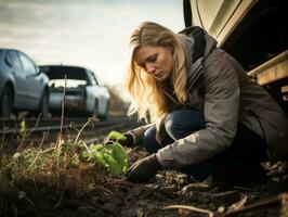 Policewoman is carefully examining the crime scene for potential evidence AI Generative photo