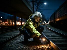 Policewoman is carefully examining the crime scene for potential evidence AI Generative photo