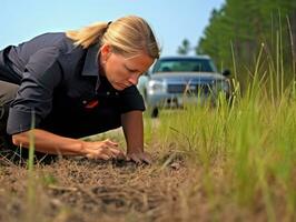 Policewoman is carefully examining the crime scene for potential evidence AI Generative photo