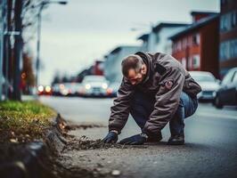 Policewoman is carefully examining the crime scene for potential evidence AI Generative photo