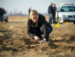 Policewoman is carefully examining the crime scene for potential evidence AI Generative photo