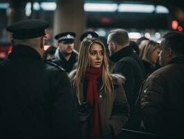 Policewoman is carefully examining the crime scene for potential evidence AI Generative photo