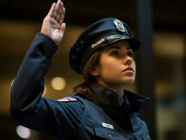 Policewoman is carefully examining the crime scene for potential evidence AI Generative photo