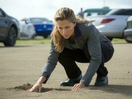 Policewoman is carefully examining the crime scene for potential evidence AI Generative photo