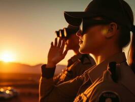 Policewoman is carefully examining the crime scene for potential evidence AI Generative photo