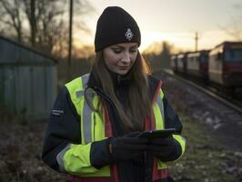 Policewoman is carefully examining the crime scene for potential evidence AI Generative photo