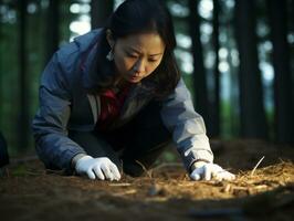 Policewoman is carefully examining the crime scene for potential evidence AI Generative photo