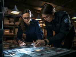 Policewoman is carefully examining the crime scene for potential evidence AI Generative photo