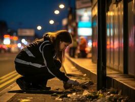 mujer policía es cuidadosamente examinando el crimen escena para potencial evidencia ai generativo foto