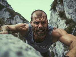 Determined man climbs a steep mountain trail AI Generative photo