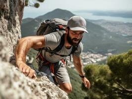 Determined man climbs a steep mountain trail AI Generative photo