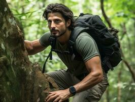 Determined man climbs a steep mountain trail AI Generative photo