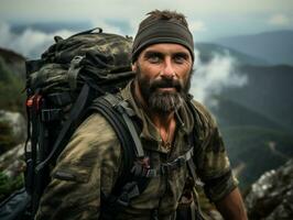 Determined man climbs a steep mountain trail AI Generative photo