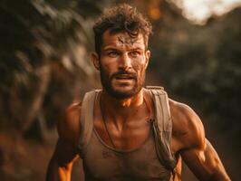 determinado hombre sube un escarpado montaña sendero ai generativo foto