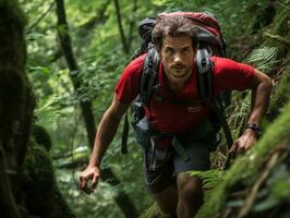 determinado hombre sube un escarpado montaña sendero ai generativo foto