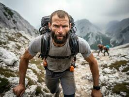 determinado hombre sube un escarpado montaña sendero ai generativo foto