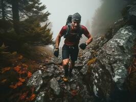 determinado hombre sube un escarpado montaña sendero ai generativo foto