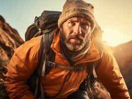 determinado hombre sube un escarpado montaña sendero ai generativo foto