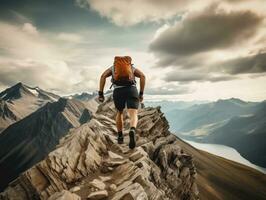 determinado hombre sube un escarpado montaña sendero ai generativo foto