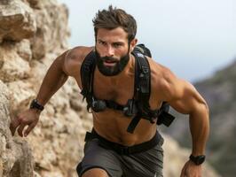 Determined man climbs a steep mountain trail AI Generative photo